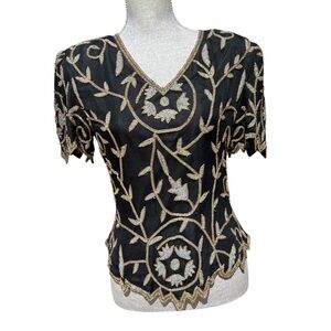 Laurence Kazar Vintage Beaded Silk Top Formal Evening Wear Petite Medium